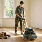 sanding wood floors using a drum sander and professional refinishing equipment