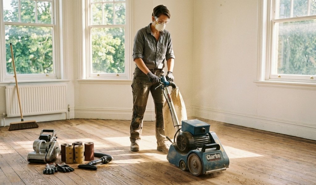 sanding wood floors using a drum sander and professional refinishing equipment