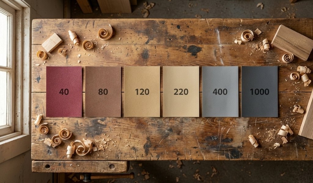 assorted grit sandpaper sheets laid out on a workshop table for woodworking projects