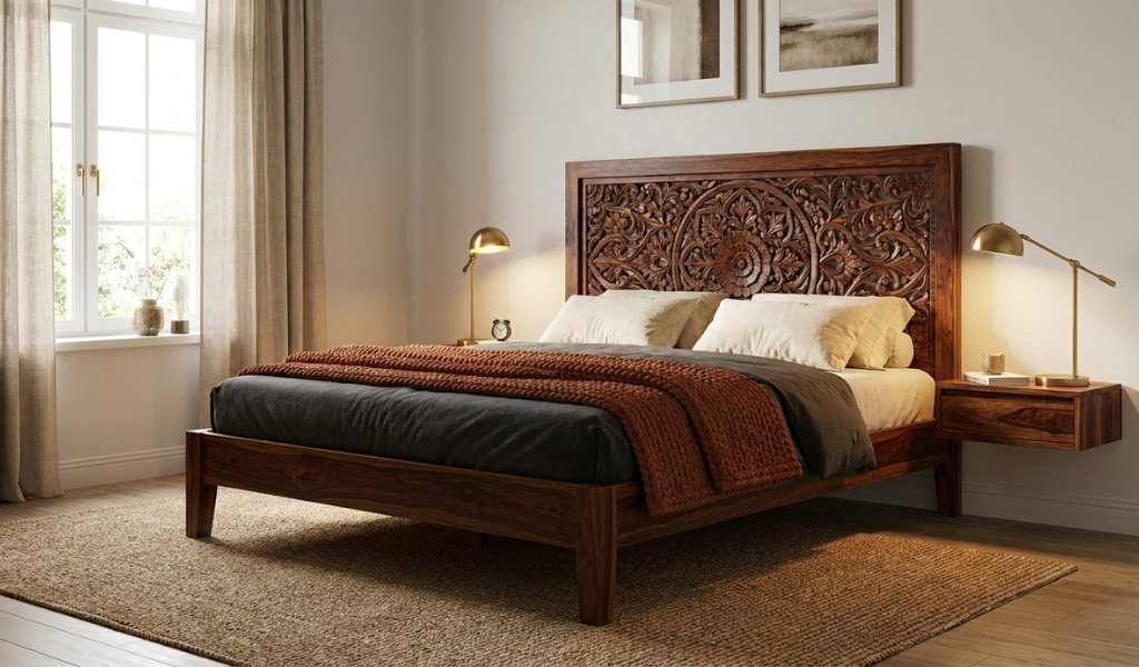 Solid sheesham wood bed frame with rich chestnut tones in a bedroom