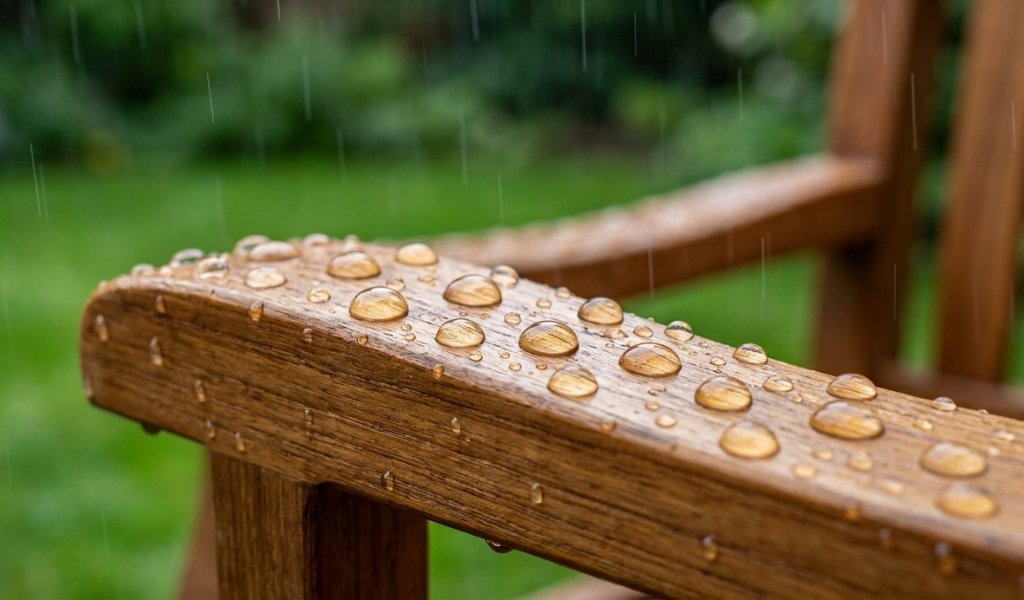 Water droplets beading on weather-resistant teak wood outdoor furniture surface