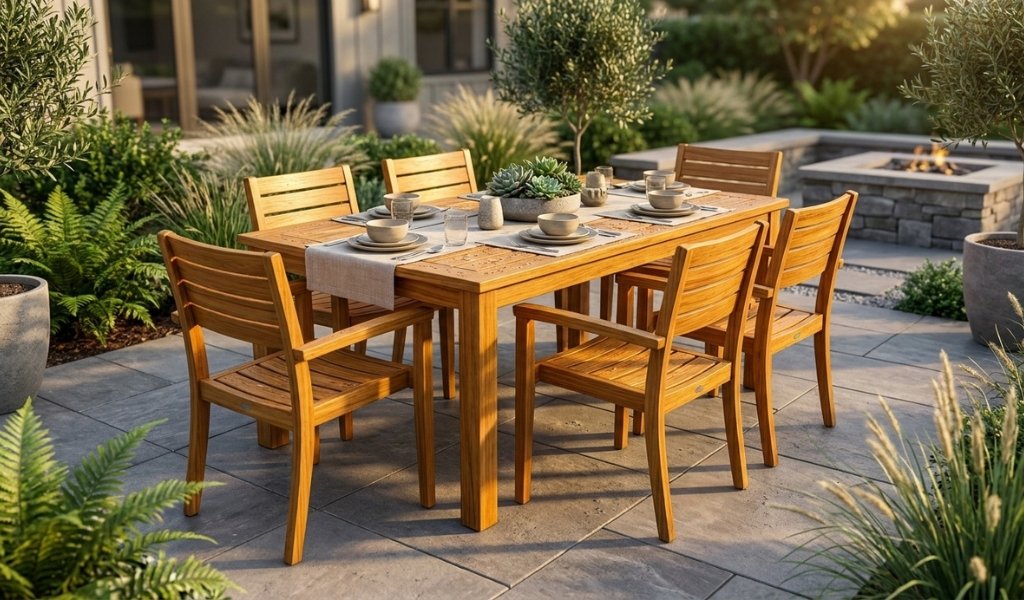 Premium golden-brown teak wood outdoor dining table set on a garden patio