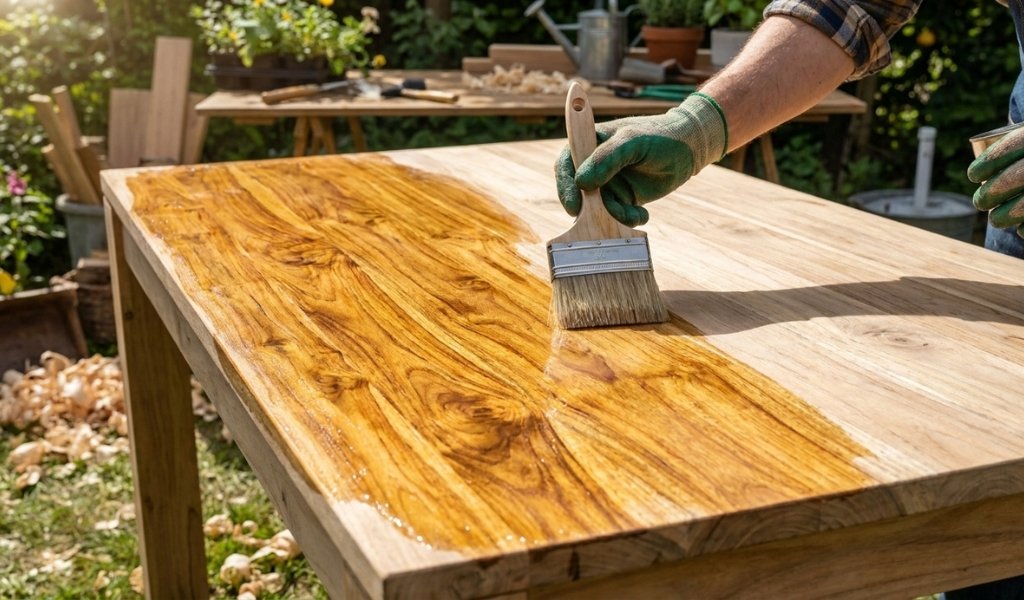 Applying outdoor sealant or teak oil on solid acacia wood patio furniture
