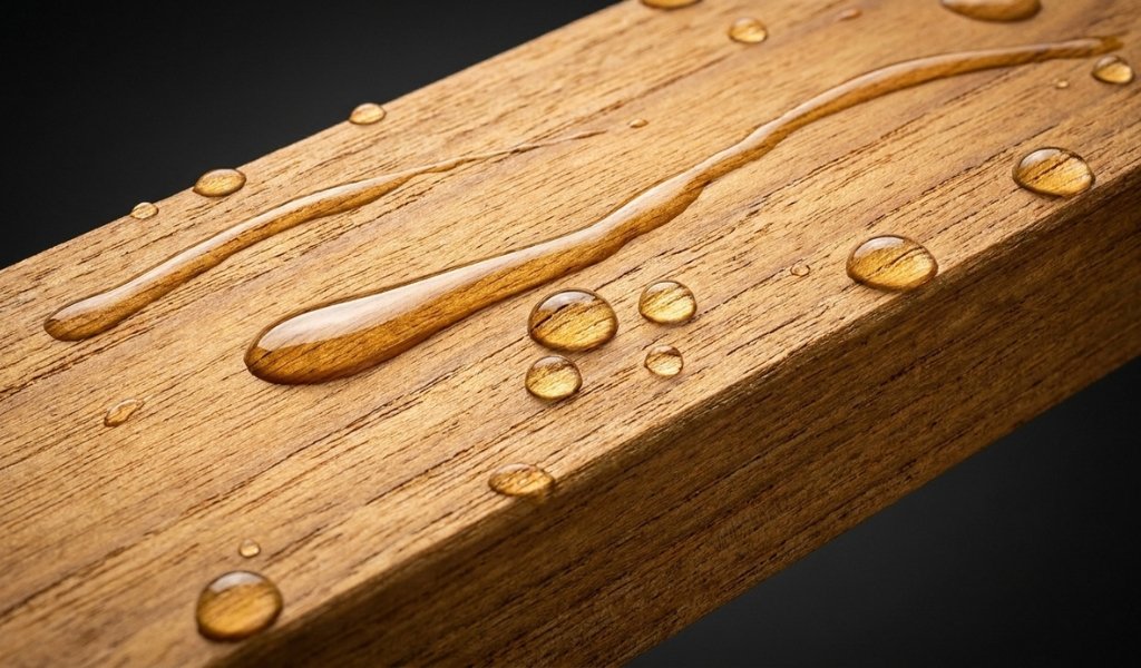 Water droplets beading on the surface of oiled teak wood plank