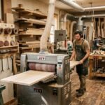 woodworker operating a heavy-duty drum sander in a professional workshop