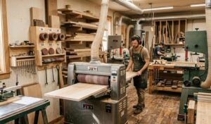 woodworker operating a heavy-duty drum sander in a professional workshop