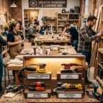electric sander collection including random orbital and belt sanders displayed in a woodworking workshop
