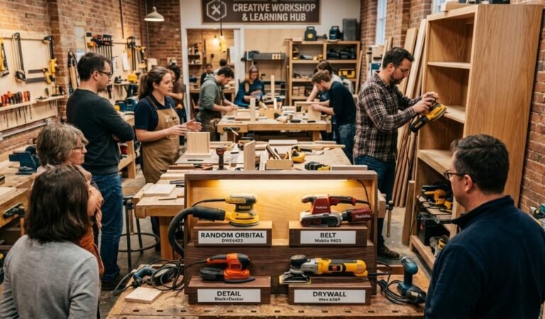 electric sander collection including random orbital and belt sanders displayed in a woodworking workshop
