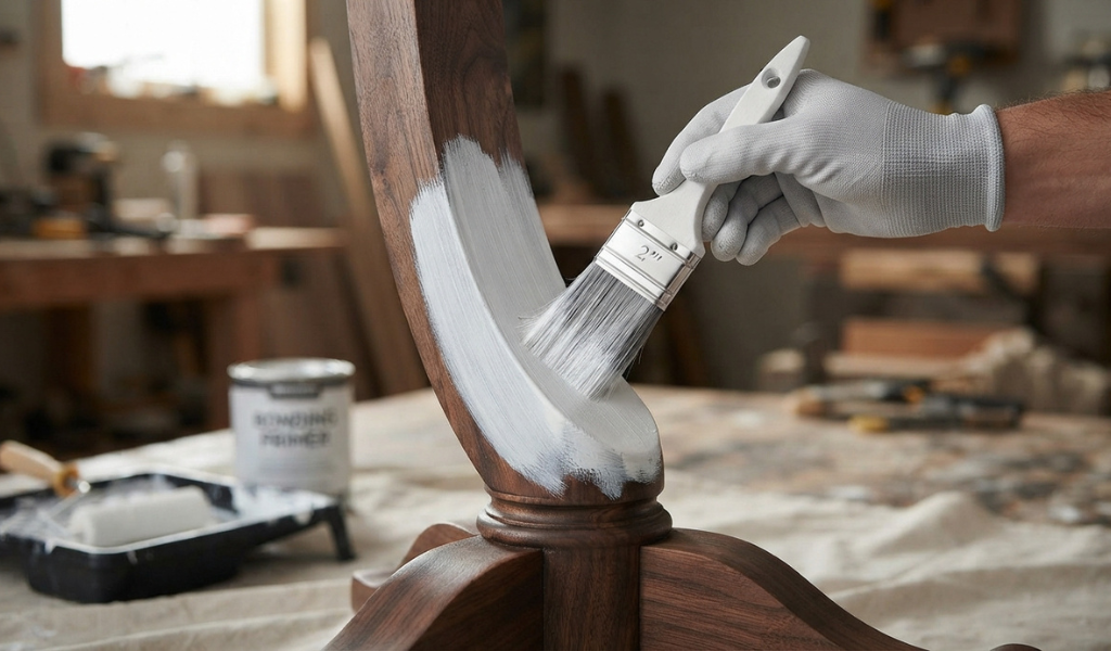 Applying a white bonding primer with a synthetic brush onto a dark wooden table leg.