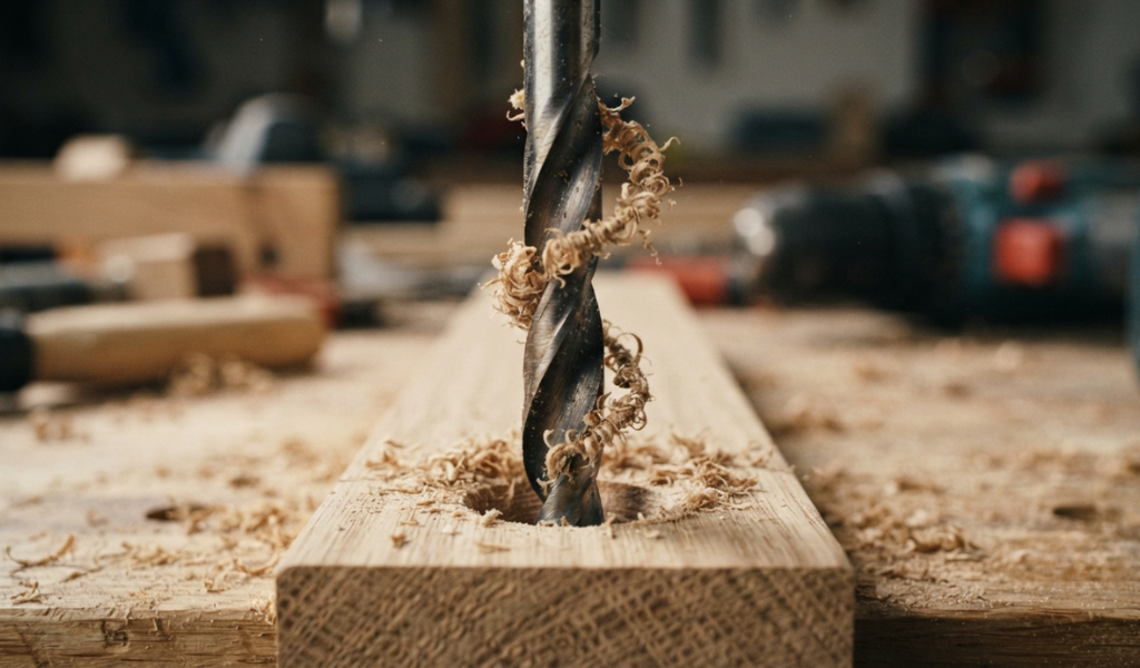 A close-up view of a drill bit cutting into wood, showing the spiral flutes removing wood shavings to create a clean hole.