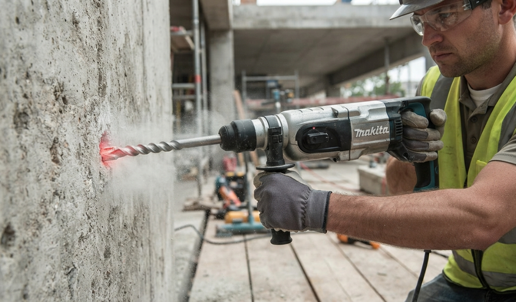 A worker using a hammer drill to create a hole in a concrete wall, showcasing the specialized use of masonry drill bits for construction.