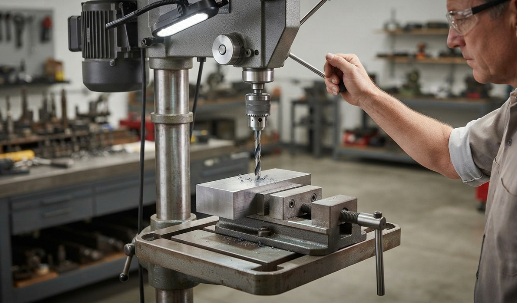 A drill press in operation, with the workpiece securely clamped and the operator performing precision drilling on a metal part.