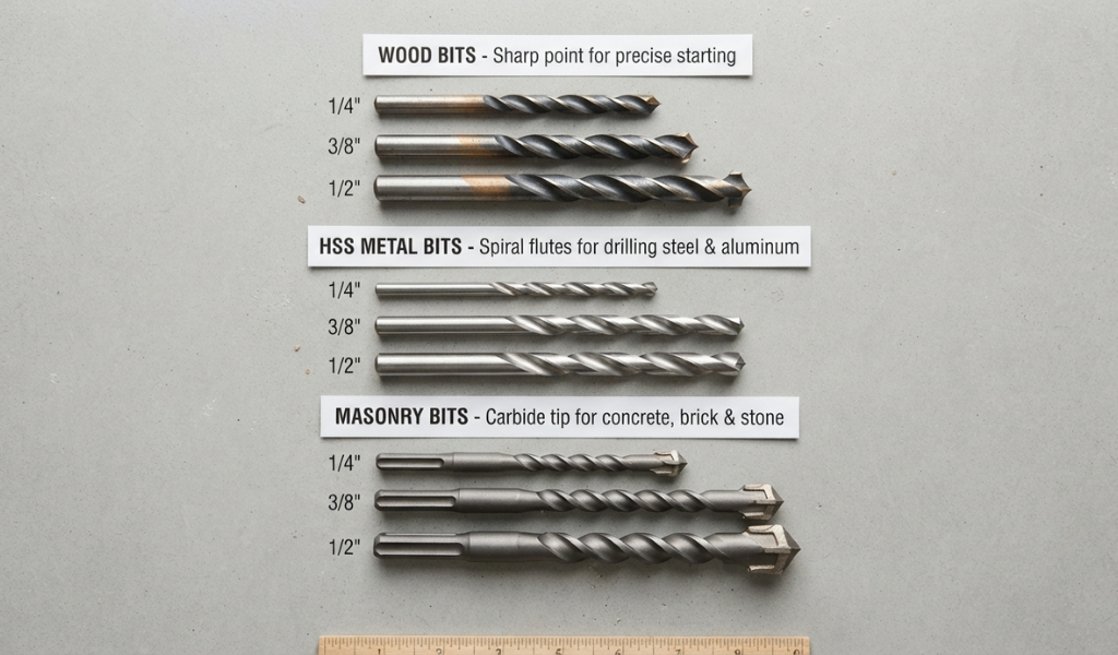 A variety of drill bits laid out and labeled by type—wood, metal, and masonry—to help beginners choose the correct tool for their material.