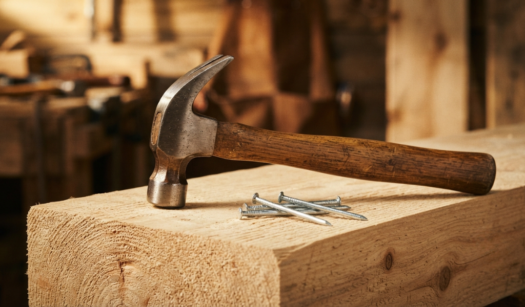 A professional claw hammer resting on a wooden beam with scattered nails, serving as the hero image for a beginner's guide to hammers.