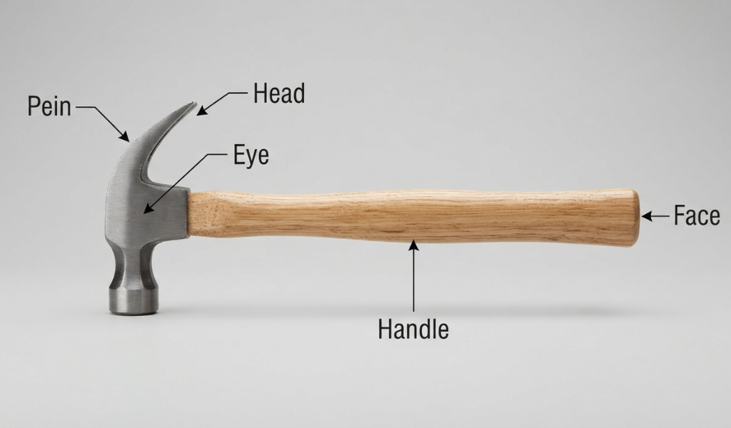 A labeled diagram of a hammer highlighting its key parts: the head, face, pein, eye, and handle.