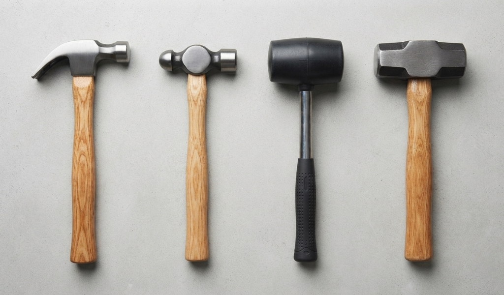 A collection of various hammer types laid out together, including a claw hammer, ball peen, rubber mallet, and club hammer.