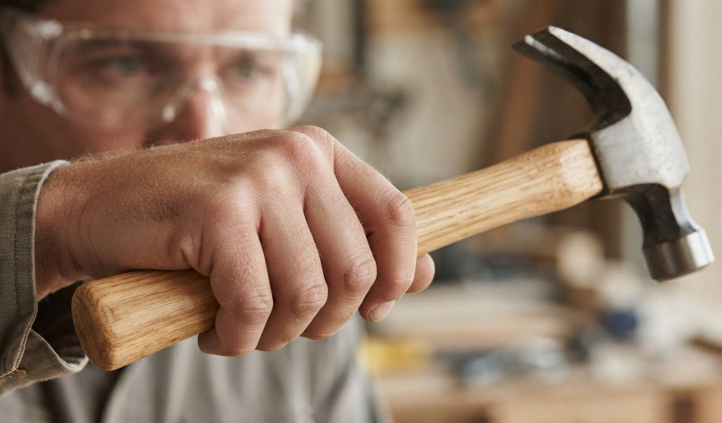 A close-up of a hand demonstrating the proper grip on a hammer handle while wearing safety glasses for protection.