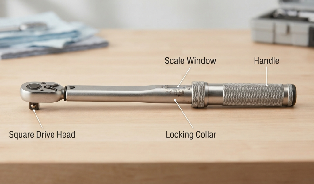 : Close-up of hands setting the exact torque value on the scale of a torque wrench handle.