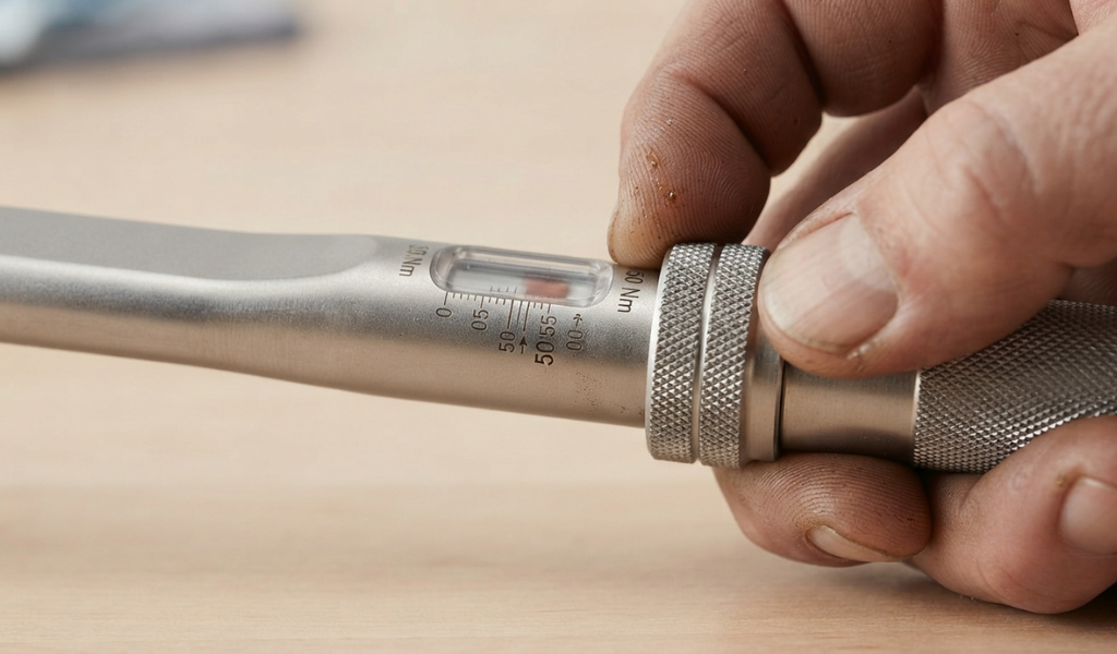Close-up of hands setting the exact torque value on the scale of a torque wrench handle.