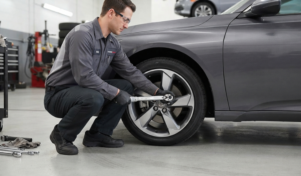 A technician demonstrating the correct posture and grip while tightening a wheel lug nut with a torque wrench.