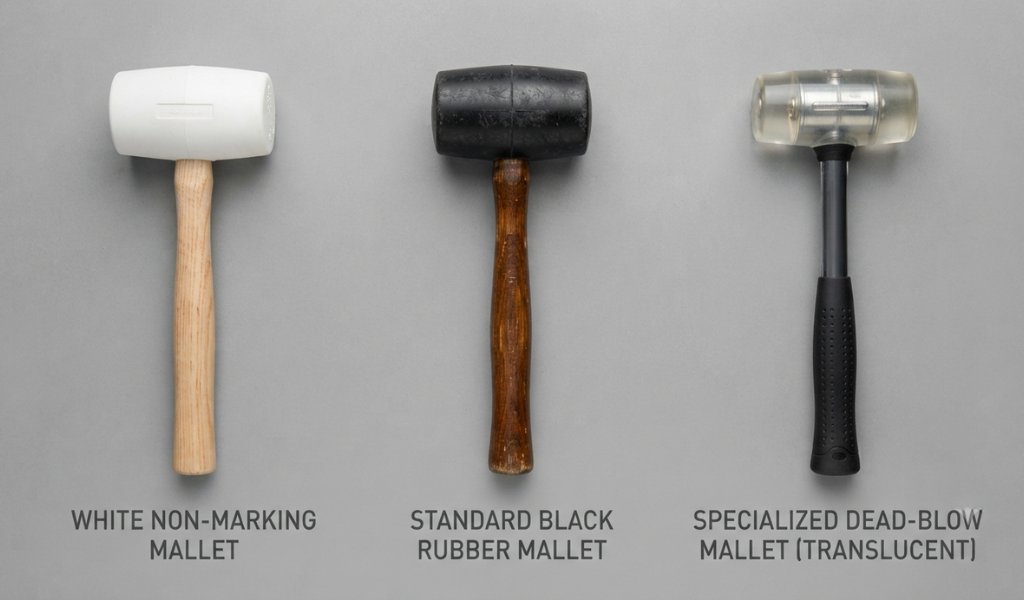 Comparison of white, black, and dead-blow rubber mallets laid out on a clean workbench