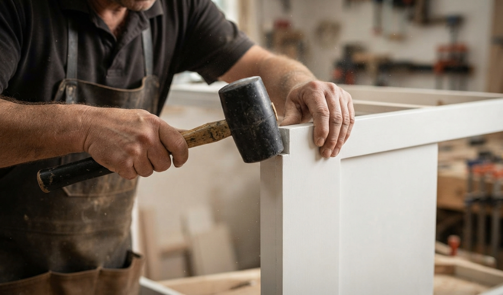 Craftsman using a rubber mallet to assemble a wooden cabinet piece without damaging the finish