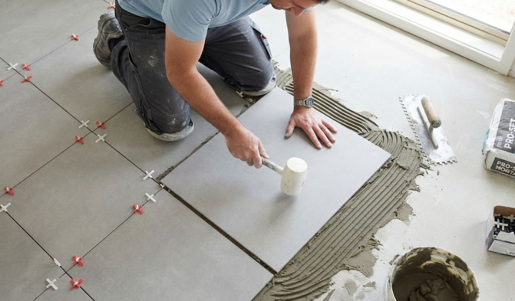 Tiler using a white rubber mallet to carefully set and level ceramic floor tiles