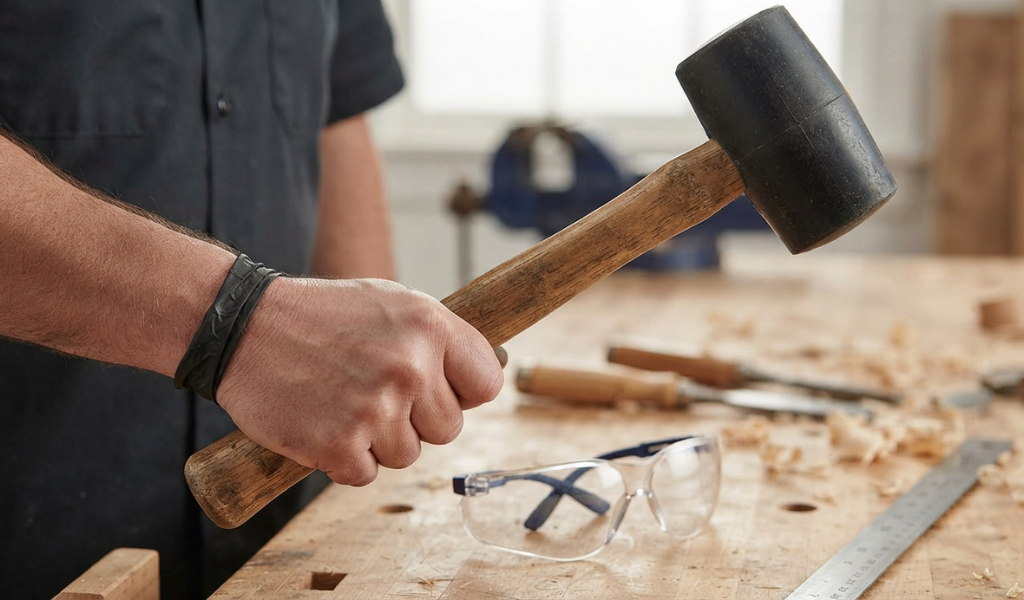Demonstration of correct hand grip near the end of a rubber mallet handle for safe and effective use