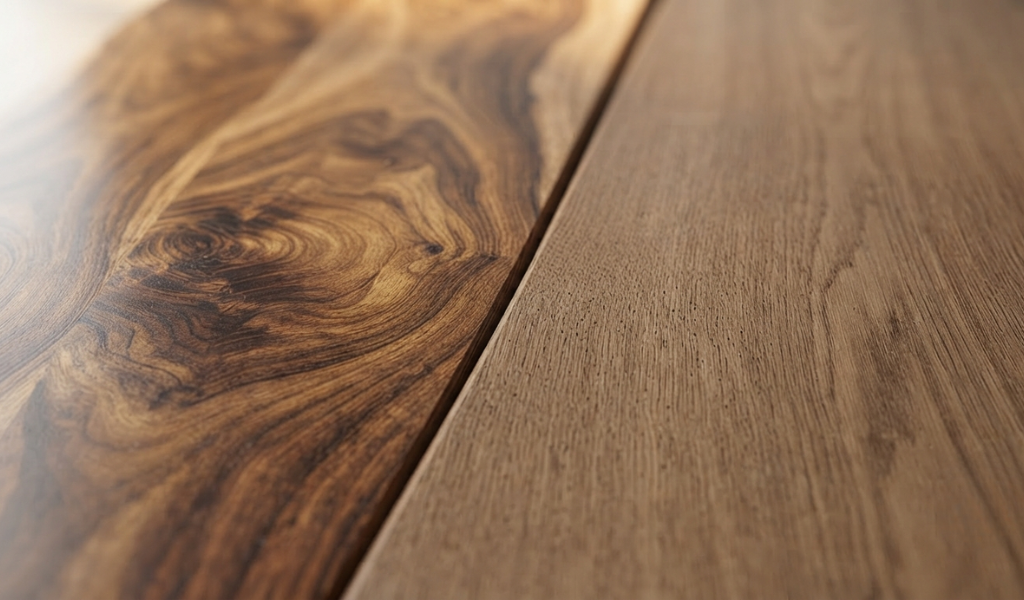 Macro close-up showing the distinct wavy grain of acacia wood versus the straight grain of oak wood