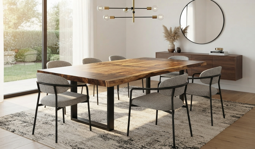 Modern dining room featuring a solid acacia wood table with rich natural color variations