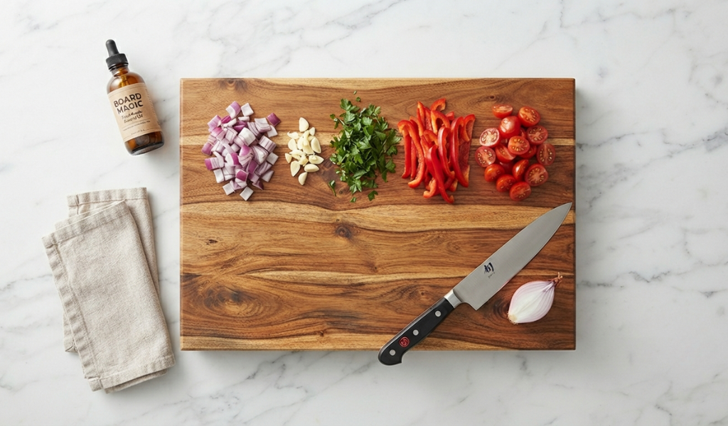 Edge-grain acacia cutting board with fresh vegetables and a chef knife on a marble kitchen counter