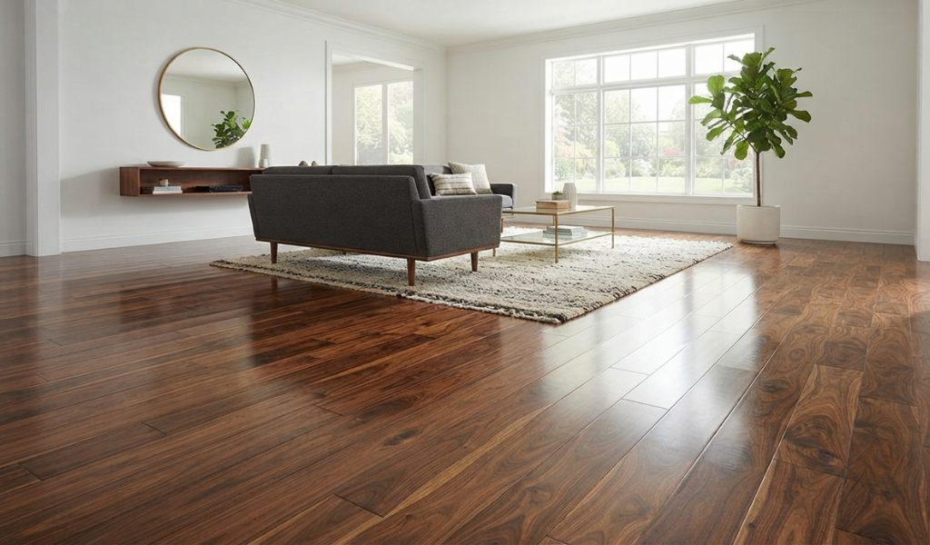 Bright and spacious living room with durable hardwood flooring showing natural wood luster