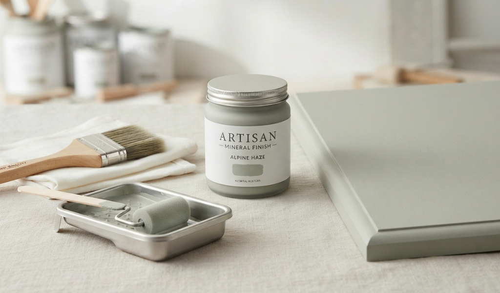 Mineral furniture paint, a foam roller, and a paintbrush displayed next to a freshly painted wood panel.
