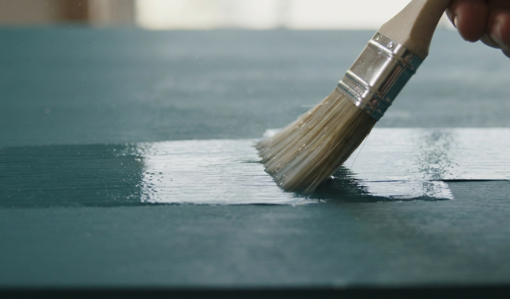 Applying a clear protective topcoat with a brush onto a freshly painted wooden tabletop.