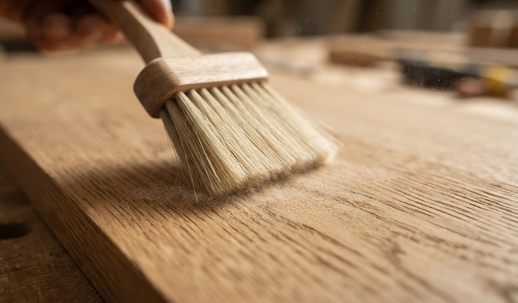 Using a soft-bristle brush to sweep sanding dust along the grain of a wooden board.