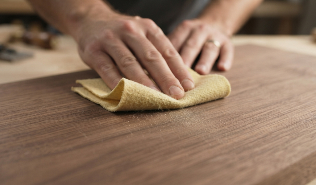 A person using a tack cloth to wipe fine sanding dust from a smooth wooden surface.