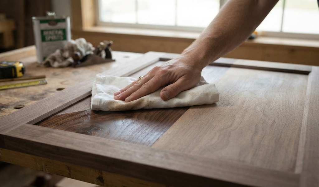 Wiping a sanded wooden panel with mineral spirits to prep the surface before staining.