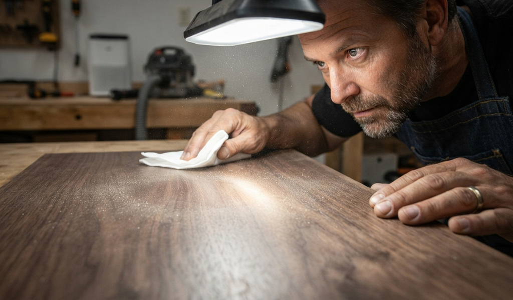 A woodworker inspecting a clean, sanded wooden surface under bright workshop light.