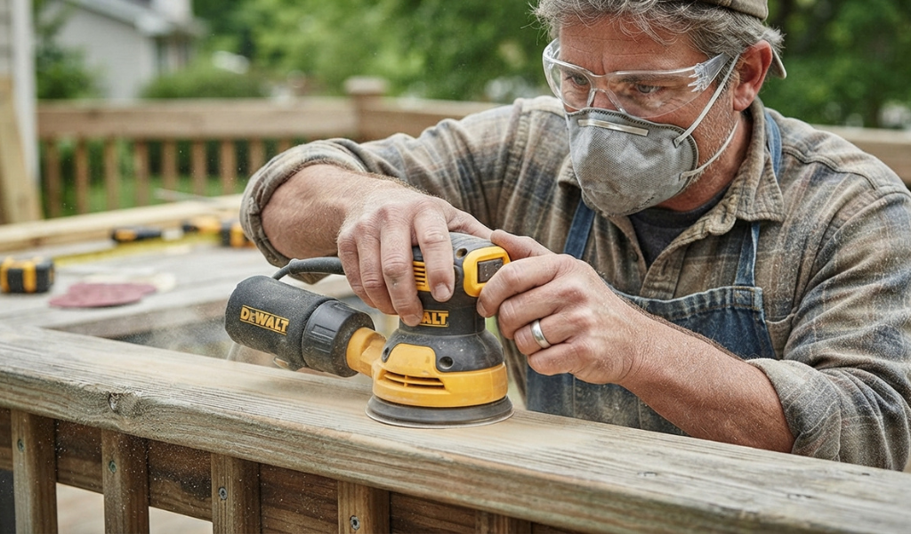 A worker wearing a respirator mask and safety glasses while sanding outdoor treated wood.