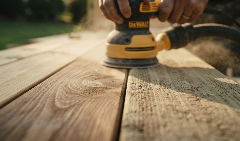 Close-up of a sander moving along the wood grain on a pressure treated deck board.