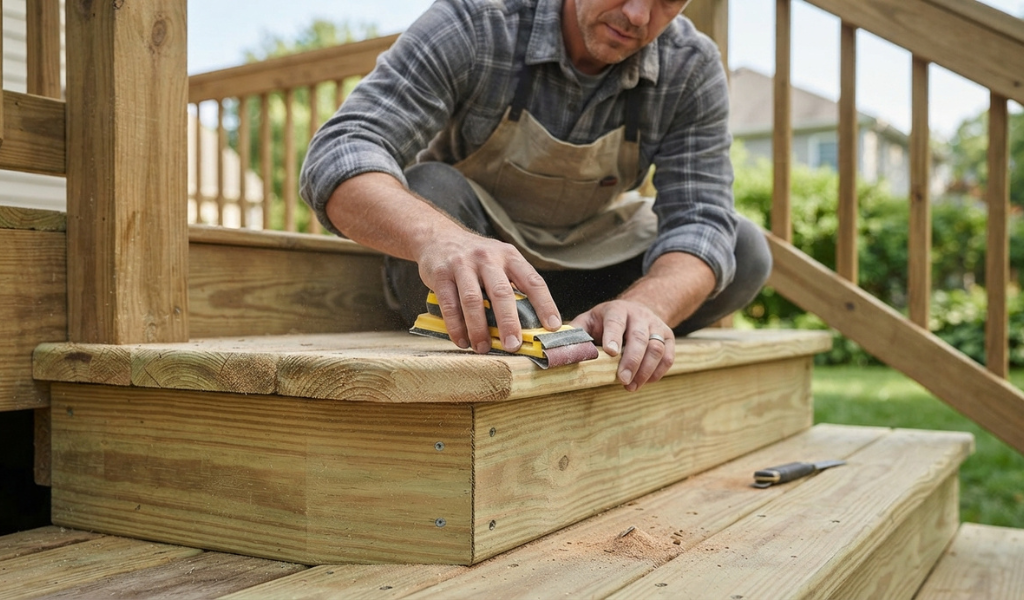 Using a hand sanding block to smooth the rough edges of an outdoor deck stair tread.