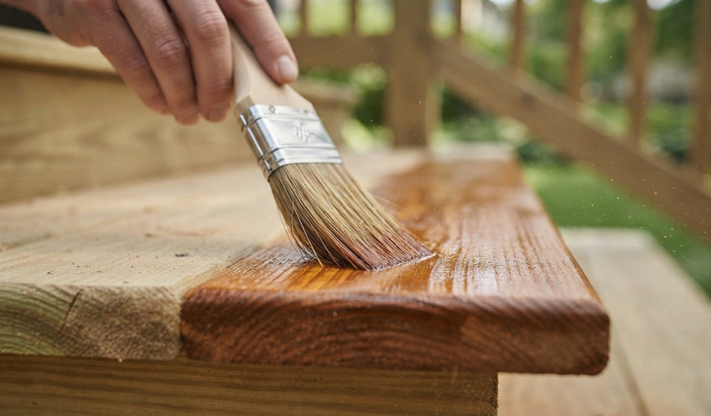 : Applying wood stain with a brush onto a freshly sanded pressure treated deck board.