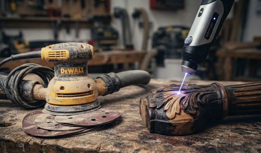 A precision laser cleaning head working on an intricate carved wooden surface without creating dust.