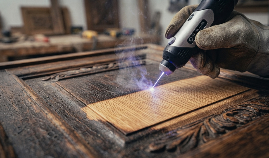 An antique wooden cabinet door having its old varnish stripped away by a precision laser cleaner.