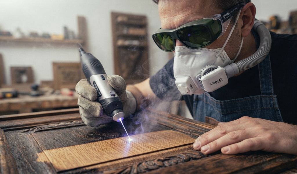 A woodworker wearing laser safety glasses and a respirator while operating a laser wood cleaner.