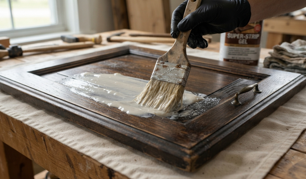 A natural bristle brush applying a thick coat of gel paint stripper onto a wooden cabinet door.