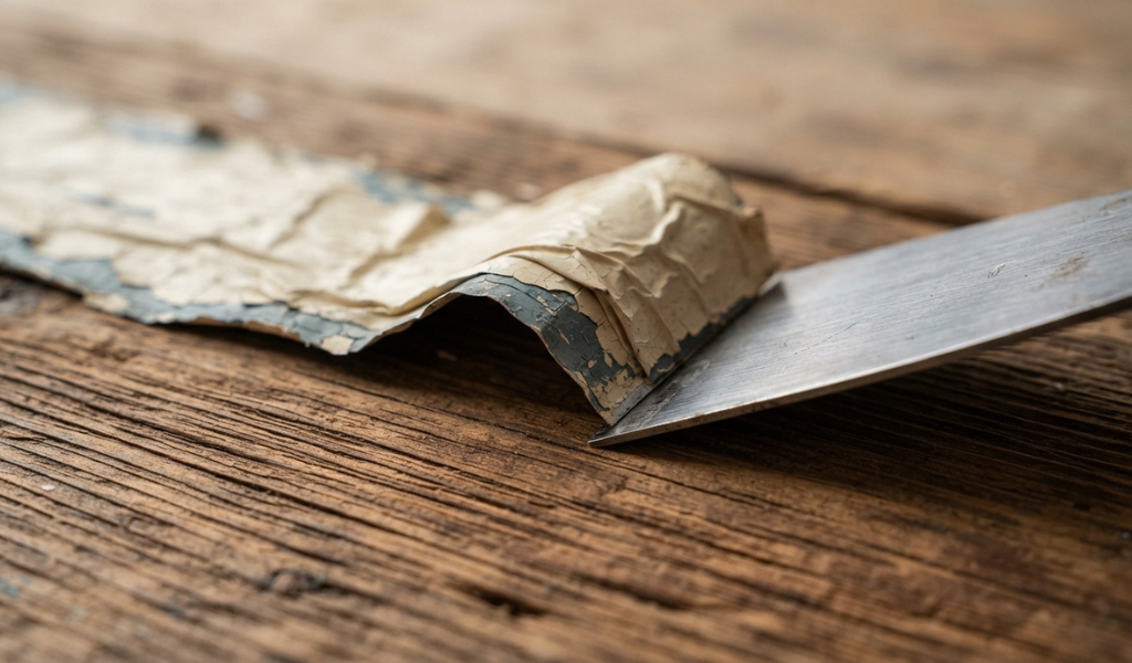: Close-up of softened paint lifting away in sheets from a wooden surface using a putty knife.
