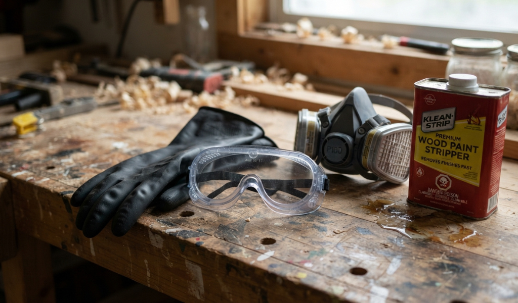 Chemical-resistant gloves, safety goggles, and a respirator mask laid out next to paint stripper.
