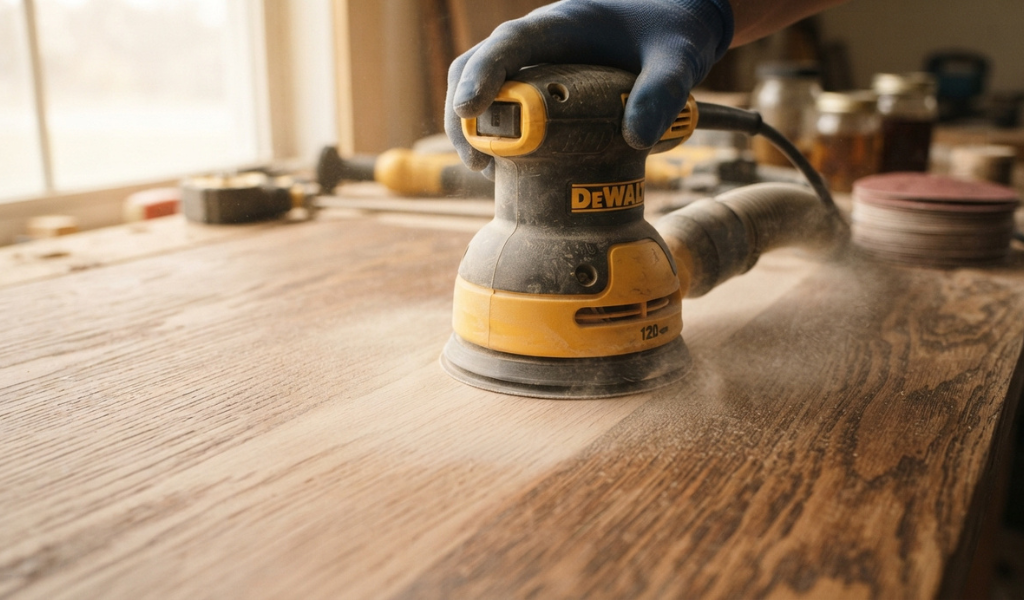 A random orbital sander smoothing the surface of a stripped wooden tabletop.