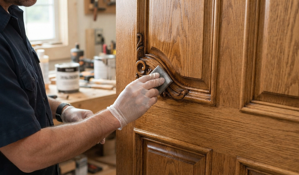 Using liquid sandpaper to prep the detailed grooves of a paneled wooden door.